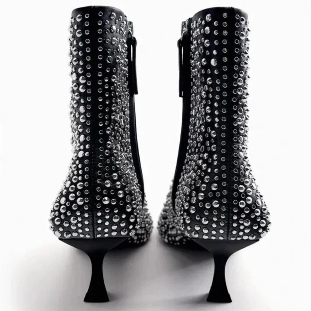 Zara Black Studded  Heeled Ankle Boots - Size 8 - Picture 5 of 16